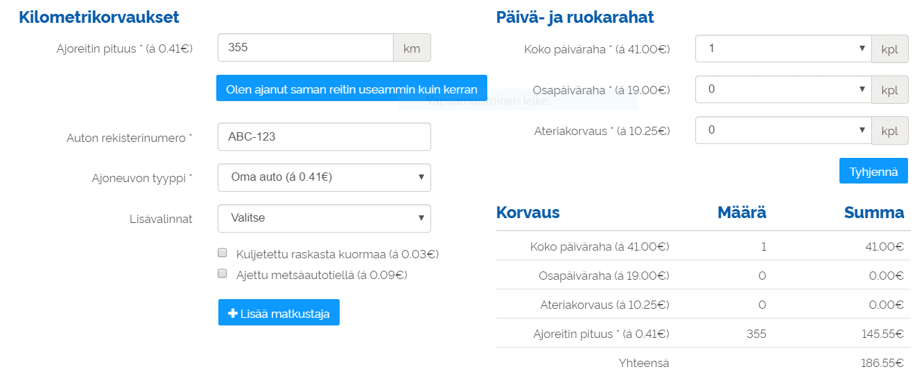 kilometrikorvaukset ja päivärahat UKKO.fi hallintapaneelissa