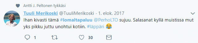 Lomaltapaluu-twiitti